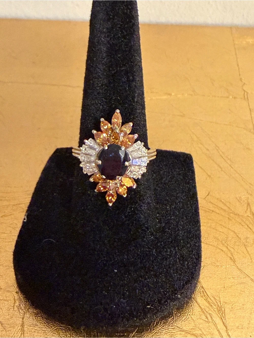 Vintage 18kWhite Gold Blue Sapphire Ring w/ Natural Orangey Diamonds & Baguett